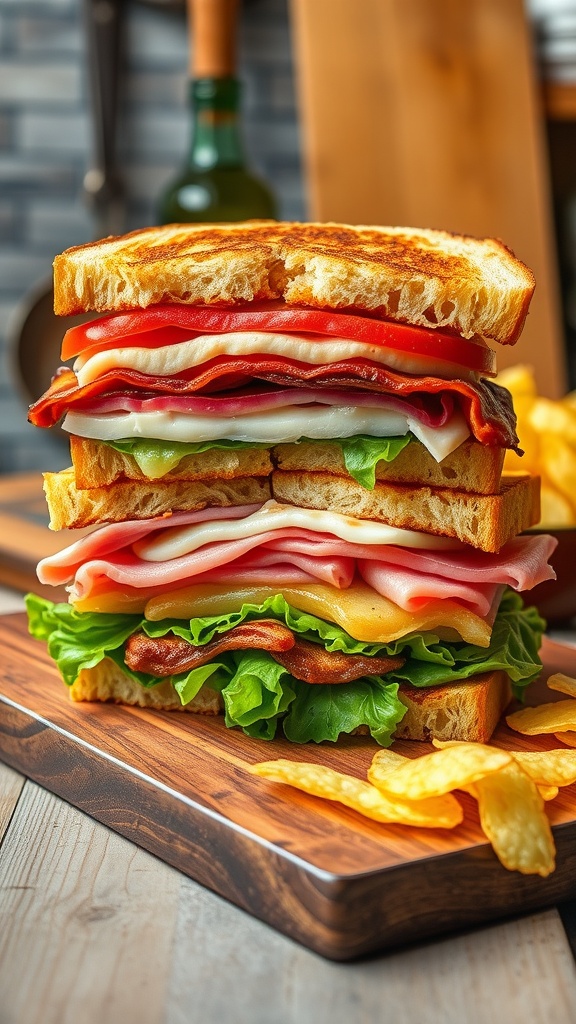 A layered club sandwich with turkey, ham, bacon, lettuce, and tomato on a wooden board, accompanied by potato chips.